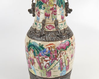 Antique 1900s Chinese Famille Rose Canton porcelain vase with Buddhist lion dogs and Chilong to the neck.