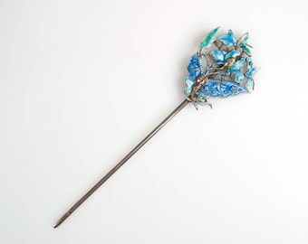 Antique 19thc. Chinese butterfly silver and enamel hair ornament pin.
