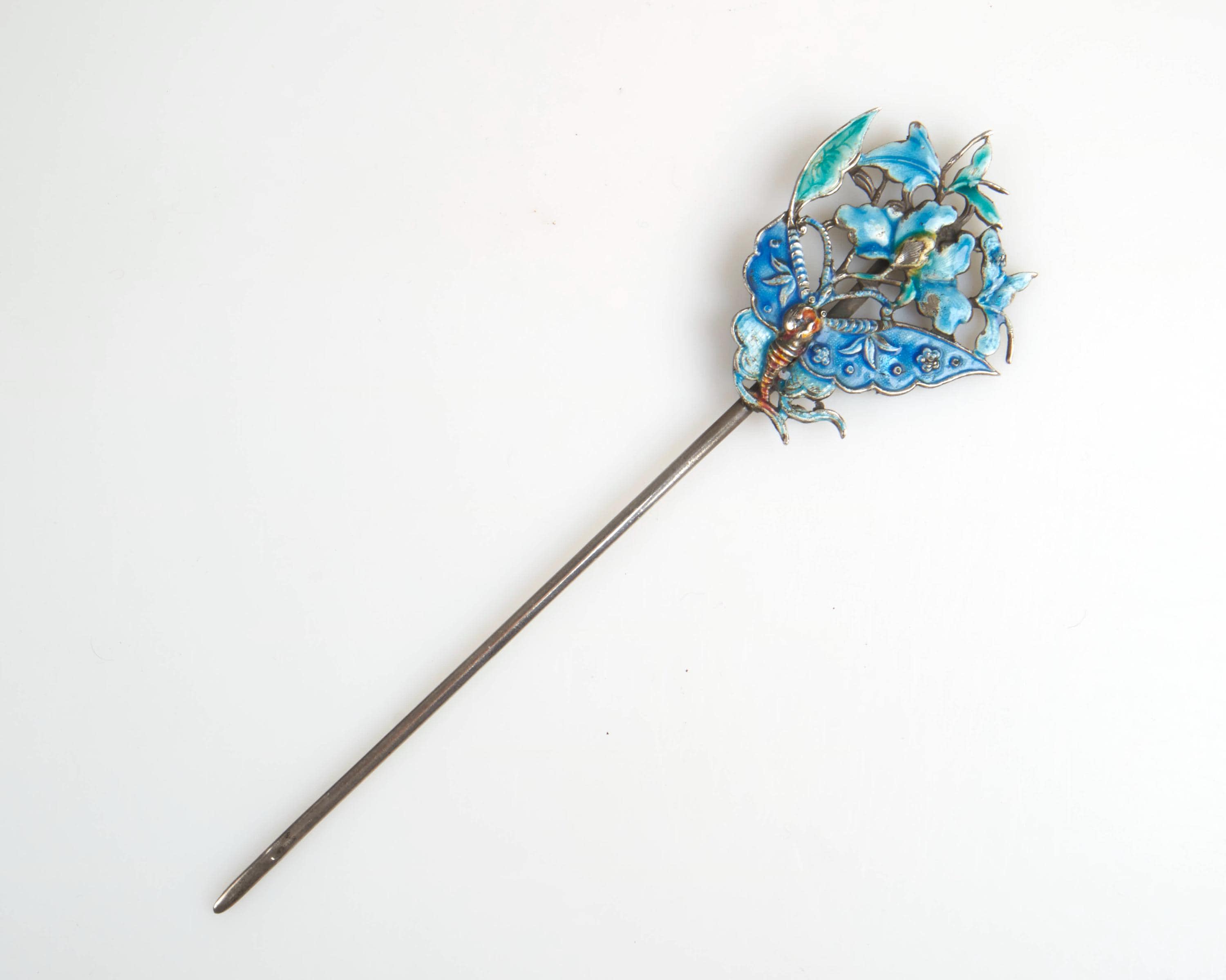 Antique 19thc. Chinese butterfly silver and enamel hair ornament pin.