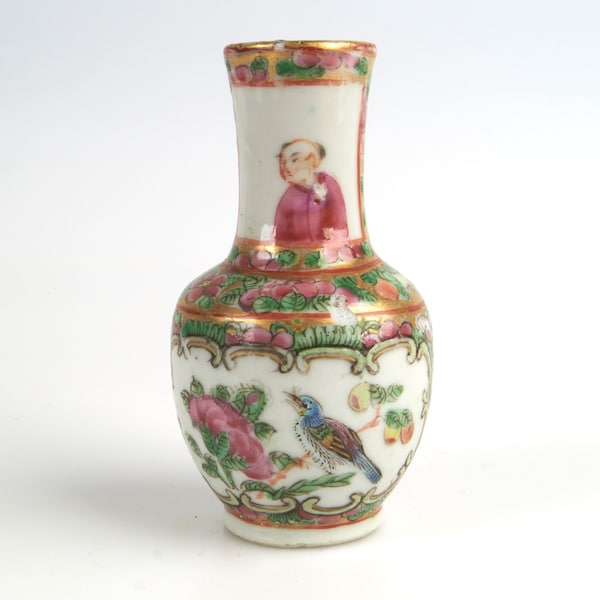 Antique 19th century Chinese Canton Famille Rose miniature porcelain vase.