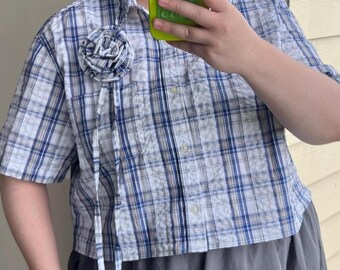 CS Light Blue Plaid cropped shirt with matching pin! Size XXL