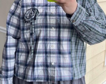 CS Mixed Plaid cropped shirt with matching pin! Size XXL
