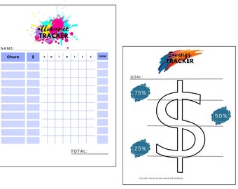 Kids chore chart and savings tracker template bundle