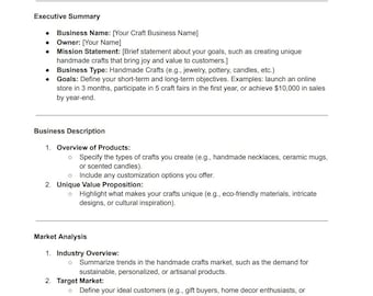 Craft Business Plan Instant Download