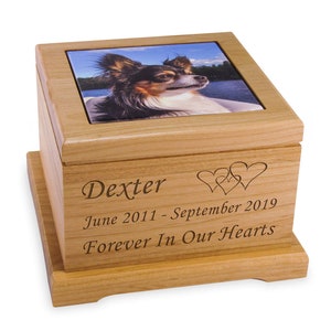 Personalized Photo Pet Cremation Urn Memorial for Dog or Cat - Wooden Custom Pet Urn For Ashes - 2 Sizes Small and Large
