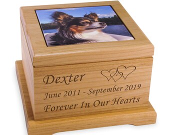 Personalized Photo Pet Cremation Urn Memorial for Dog or Cat - Wooden Custom Pet Urn For Ashes - 2 Sizes Small and Large