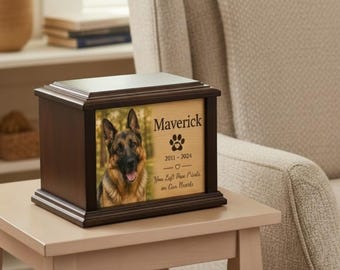 Custom Two Tone Wooden Dog Urn with Picture, Name & Dates – Photo Urn for Dogs