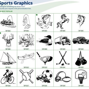 Op de afbeelding: Een raster van zwart-wit sportafbeeldingen, waaronder een zeilboot, een honkbal, een voetbal en een fietser. De tekst "Sports Graphics" staat bovenaan.