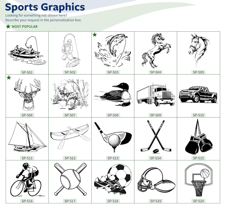 Op de afbeelding: Een raster van zwart-wit sportafbeeldingen, waaronder een zeilboot, een honkbal, een voetbal en een fietser. De tekst "Sports Graphics" staat bovenaan.