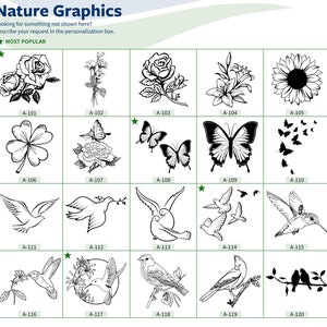 Op de afbeelding: Een raster van zwart-wit afbeeldingen met een natuurthema. Ontwerpen omvatten rozen, vlinders, duiven, kolibries en een zonnebloem. Elke afbeelding is genummerd, met de tekst "Nature Graphics" bovenaan.