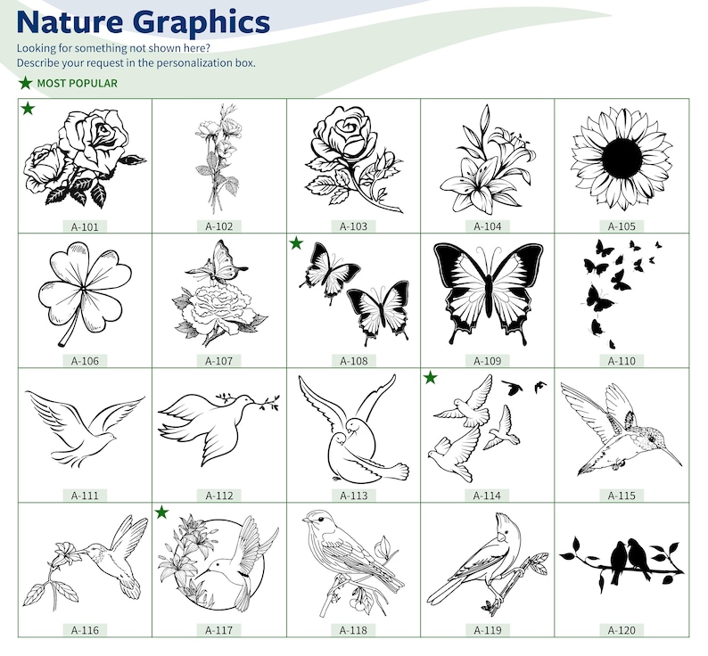 Op de afbeelding: Een raster van zwart-wit afbeeldingen met een natuurthema. Ontwerpen omvatten rozen, vlinders, duiven, kolibries en een zonnebloem. Elke afbeelding is genummerd, met de tekst "Nature Graphics" bovenaan.