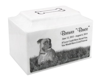 White Cultured Marble Standard Size Pet Cremation Urn with Engraved Photo - FREE SHIPPING - MKPP5-u