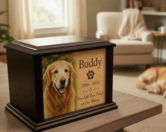 Custom Two Tone Wooden Pet Urn with Picture, Name & Dates – Photo Urn for Pets