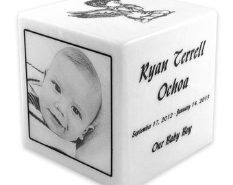 White Cultured Marble Infant Child Cube Cremation Urn with Engraved Photo - FREE SHIPPING - MKP8-u