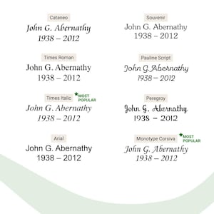 Op de afbeelding: Een verzameling tekstvoorbeelden met de naam "John G. Abernathy" en de jaren "1938-2012" in verschillende lettertypen. De lettertypen zijn onder meer "Cataneo", "Souvenir", "Times Roman", "Pauline Script", "Times Italic", "Peregroy", "Arial" en "Monotype Corsiva".