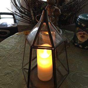 13" tall Brass & Glass Lantern with Battery-Operated Candle