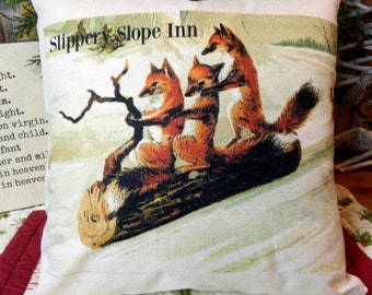 Slippery Slope Inn - Red Fox Pillow -  Fox Pillow - Fox Lover Gift - Farmhouse Decor - Farmhouse Pillows