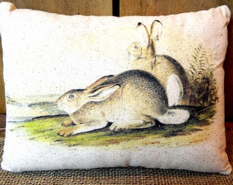 May include: Rectangular pillow with a vintage-style illustration of two hares in a field. The hares are depicted in shades of brown and gray, with long ears and detailed fur. The background features green grass and a light-colored sky.