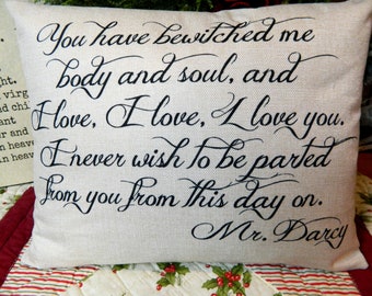Jane Austen - Mr. Darcy Pillow - Romantic Love Pillow - Wedding Gift - Handmade Pillow - Girlfriend Gift