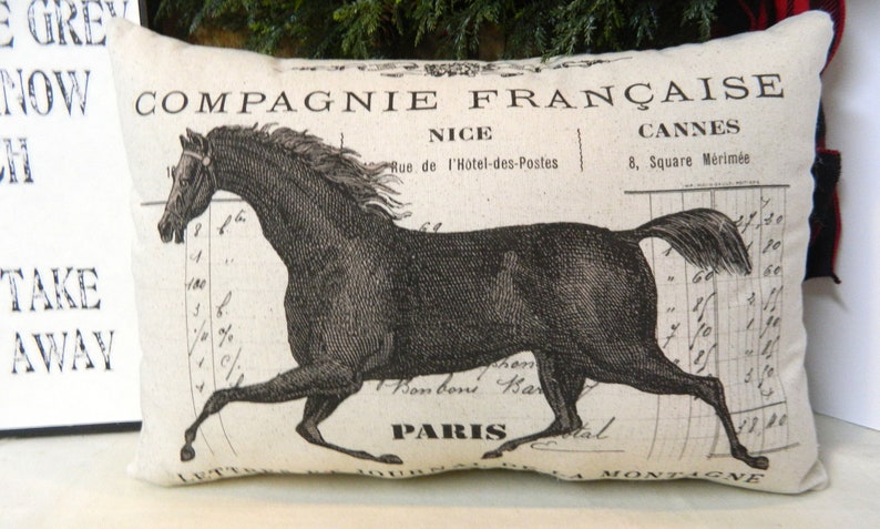 May include: Rectangular pillow with a vintage design featuring a black horse illustration. The pillow has French text, including "COMPAGNIE FRAN&Ccedil;AISE" and place names like "NICE" and "PARIS". The background is a cream color.