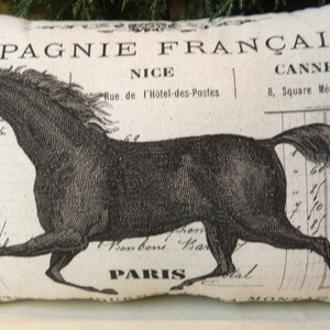May include: Rectangular decorative pillow with a black and white illustration of a running horse. The pillow has French text, including "COMPAGNIE FRAN&Ccedil;AISE" and the city names NICE and CANNES. The design has a vintage, antique aesthetic.