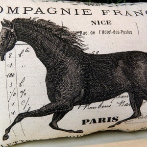 May include: Cream-colored decorative pillow featuring a black illustration of a running horse. The pillow has French text and numbers printed on it, with the words "COMPAGNIE FRAN&Ccedil;AISE", "NICE", "CANNES", and "PARIS" visible.