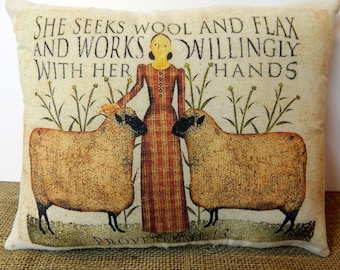 Handmade Rustic Linen Proverbs Pillow – Sheep and Folk Art Design