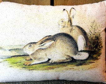 May include: Rectangular decorative pillow featuring a vintage-style illustration of two hares in a natural setting. The pillow has a cream-colored background with a detailed print of the hares in shades of brown, gray, and white, with green grass.