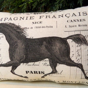 May include: Rectangular pillow with a vintage French design. The pillow features a black illustration of a running horse, with text including "Compagnie Fran&ccedil;aise" and "Paris" on a cream-colored background. The pillow has a soft, textured appearance.