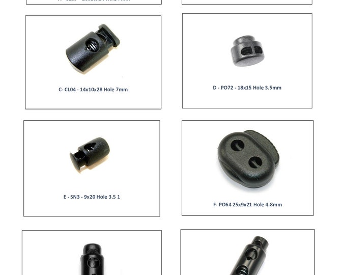 4 x Black Plastic Cord Locks / Adjuster with Spring Stopper Mechanism - 8 Varieties