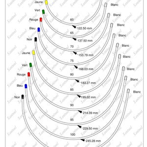 Op de afbeelding: Diagram van gebogen buizen met afmetingen in millimeters. Elke buis is gemarkeerd met een kleur: zwart, blauw, rood, groen en geel. De tekst "Santoul" wordt herhaald over de afbeelding.