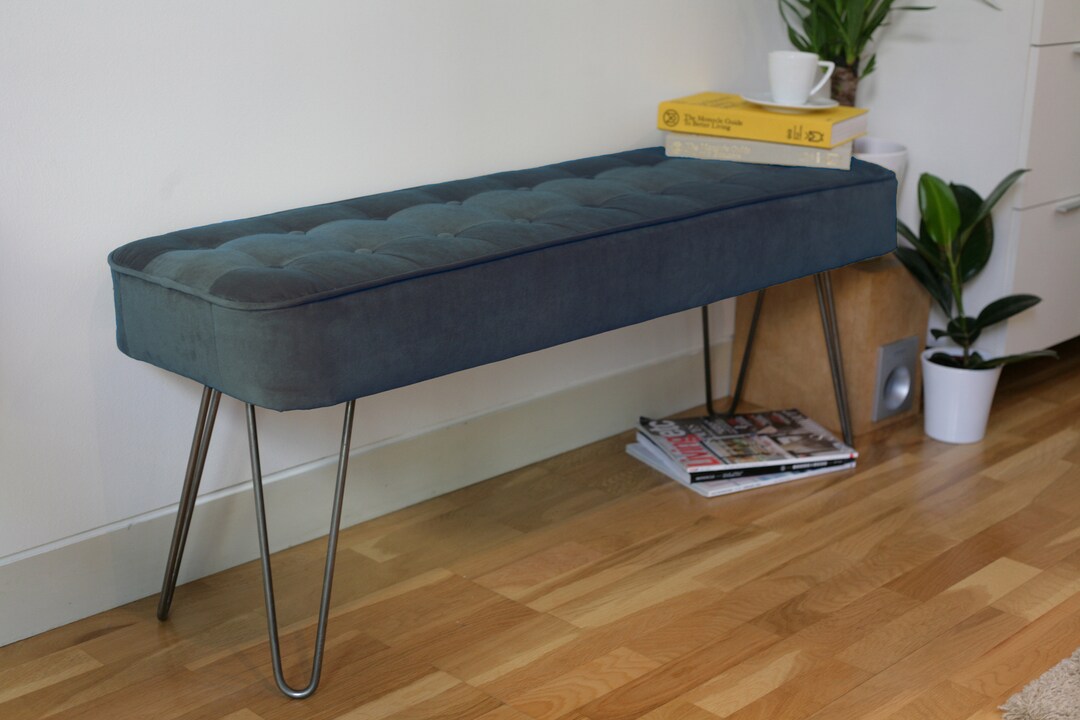 HARRISON Mid-century Upholstered Velvet Panel Bench With Hairpin Legs ...