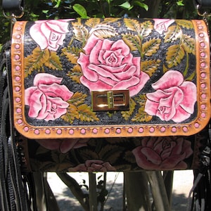 borsa in pelle fatta a mano con frange di rose pesanti