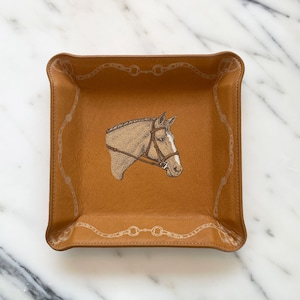 Equestrian Horse head leather catchall, Tan Leather valet tray