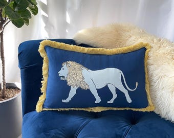 Fringed Lion Decorative Lumbar Pillow, 22" x 12"