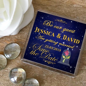 Beauty and the beast dark blue and gold save the date. Disney save the date. Beauty and the beast wedding. Save the date magnets.