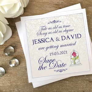Gold & Blue Beauty y The Beast guardan la fecha. Disney reserva la fecha. Boda de La Bella y la Bestia. Guarde la fecha. Boda Disney