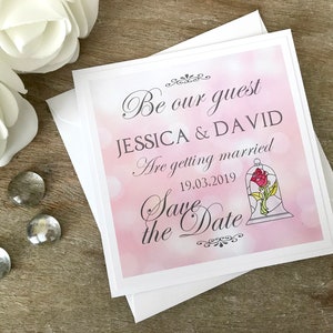 La bellezza rosa e grigia e la bestia salvano la data. Disney salva la data. La bella e il matrimonio della bestia. Salvare le schede data.