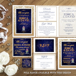 Inviti di nozze blu scuro e oro. Inviti Disney. Matrimonio Disney. Matrimonio da favola. Inviti di nozze Disney. Siate nostri ospiti.