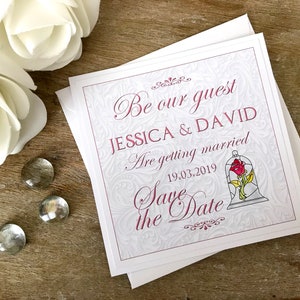 La belleza y la bestia salvan la fecha. Disney guarda la fecha. La belleza y la boda de la bestia. Guarde la fecha. La belleza y las cartas de las bestias.