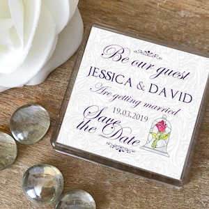 Belleza Púrpura y la bestia salvar las fechas. Disney guarda la fecha. La belleza y la boda de la bestia. Guarde los imanes de fecha. Boda de Disney.