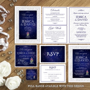 Be unsere Gasthochzeits-Einladungs-Einladungen Dunkelblau und Silber. Disney-Einladungen. Disney Hochzeit. Märchenhochzeit. Disney Hochzeitseinladungen.