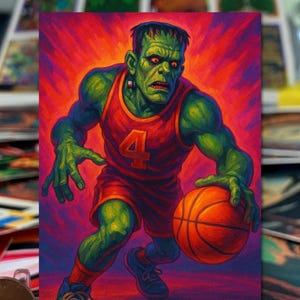 Frankenstein&#39;s Monster Art Trading Card | | Universal Monsters | Double-Sided Monster Basketball Trading Card | Artist Parody Card | ACEO