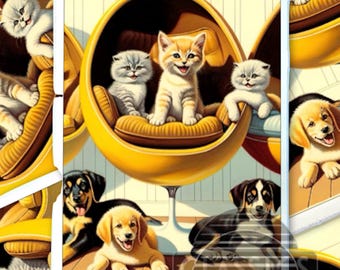 Kittens Puppies on MOD chairs | Cat Dog PRINT | 4"x6" | MOD Art | Vintage Art Print New | Handmade on 70 Year Old Vintage French Rives Paper