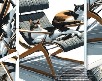 Kittens Cats on MOD chairs | Cat Art PRINT | 4"x6" | MOD Art | Vintage Art Print New | Handmade on 70 Year Old Vintage French Rives Paper