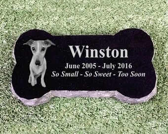 Personalized Pet Memorial Bone With Photo Laser Engraved Granite (14" x 7")