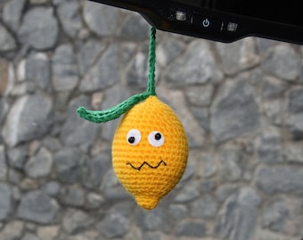 Crochet lemon toy Car rear view mirror amigurumi Car hanging charm Rearview car charm new driver gift smiley face lemon with face funny gift