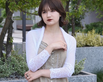 Wedding Mohair Bridal Bolero with lace sleeves Delicate cardigan White cover up Knitted Shrug Romantic Bridal jacket loose cardigan S-size