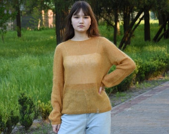 Mohair Sweater Fluffy Sweater Ready To Ship Yellow Mustard Mohair Sweater Women Hand Knitted Jumper Handknit soft sweater Oversize pullover