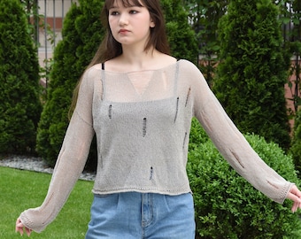 Sparkly Ripped tank top Summer Crop Top distressed knit Cotton Short Blouse Women loose Top light sweater Longsleeve Crop Jumper Knitwear